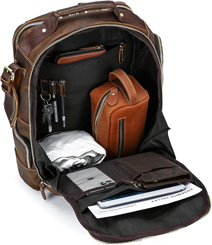 Vintage Full Grain Leather Backpack for Men, 16" Laptop Rucksack For Men Hiking Trave Work Business Bag, 9517 Brown