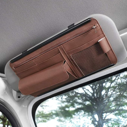 Car Sun Visor Multi-Pocket Net Zipper Organizer Auto Interior Accessories Pocket Organizer Storage Pouch Holder for Card License Pen Glasses (Brown)