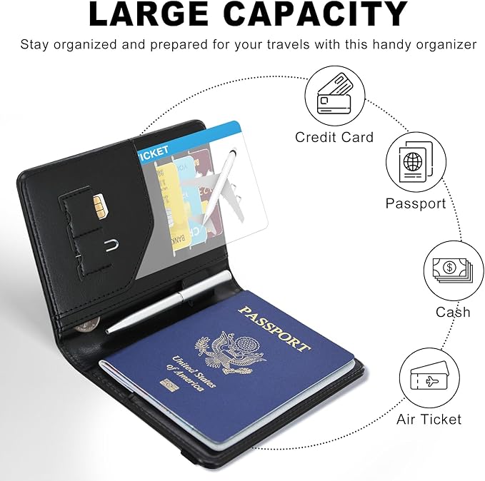 ACdream RFID BLOCKING Passport Holder Travel Wallet, Premium PU Leather Cover Passport Book with Card Holder, Pen Holder, Keep Organization, and Travel Essentials for Women and Men, Black
