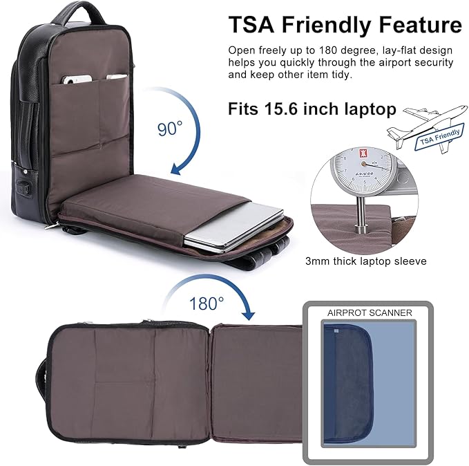 TIDING Men's Leather Business Backpack Fits 15.6 Inch Laptop, Expandable Office Work Casual Daypack with USB Charging Port