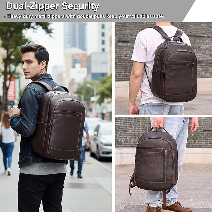 Large Capacity Genuine Leather Backpack for Men, 15.6 Inch Laptop Daypack Business Travel Shoulder Bag, Brown