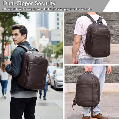 Large Capacity Genuine Leather Backpack for Men, 15.6 Inch Laptop Daypack Business Travel Shoulder Bag, Brown