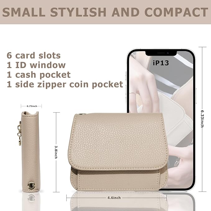 Women Small Wallet RFID Blocking Slim Wallet with Coin Pocket Tri-Fold Credit Card Holder with ID Window and Keychain (Khaki)