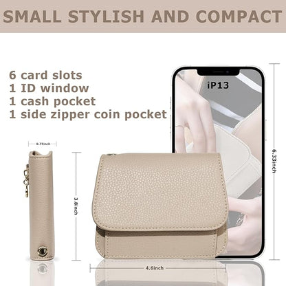 Women Small Wallet RFID Blocking Slim Wallet with Coin Pocket Tri-Fold Credit Card Holder with ID Window and Keychain (Khaki)
