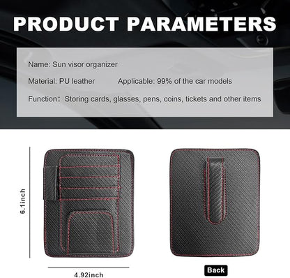 Dickno Small Leather Car Sun Visor Organizer, Multifunctional Auto Visor Document Holder with Sunglasses Clip, Universal Car Interior Organizer for Driving License, Card, Pen (Black&Red)