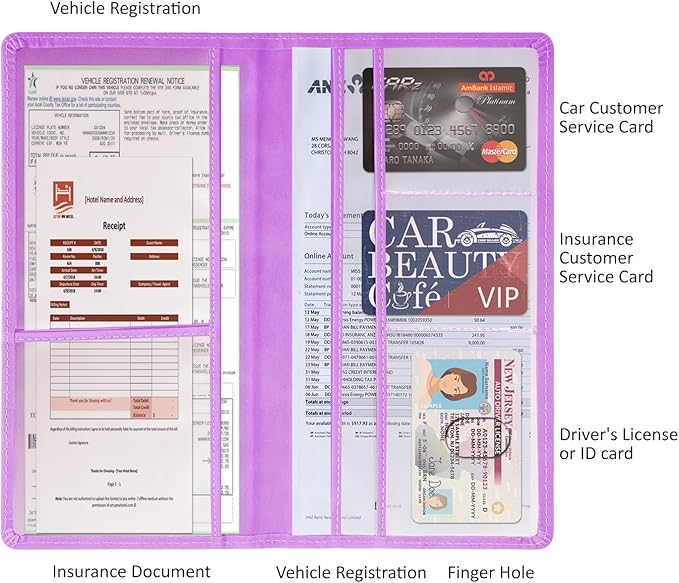 Car Accessories Registration and Insurance Holder,Leather Essential Card Magnetic Shut Vehicle Glove Box Organizer Case for Auto Driver License Document Truck Motorcycle Boat-Purple