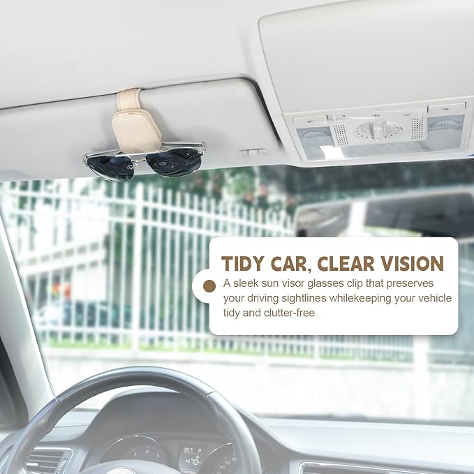 JUSTTOP 2 Pack Sunglasses Holders for Car, Magnetic Leather Buckle Sun Visor Sunglass Clip, Ticket Card Clip Sunglasses Mount, Car Interior Accessories for Men and Women (Beige)