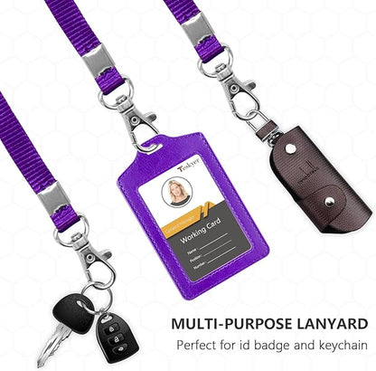 Teskyer 2 Pack of Double Sided Clear Badge Holder with Lanyard, PU Leather ID Badge Name Card Holder with Stainless Steel J-Hook Nylon Lanyard for Work ID, School ID, Metro Card, Access Card, Purple