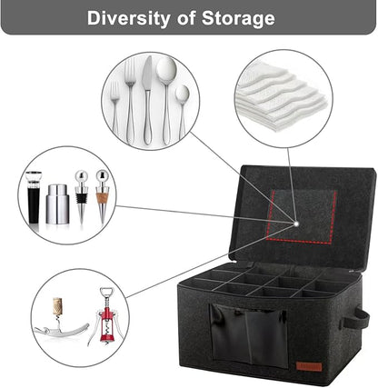 Foyego 2 Pack Wine Glass Storage Box with Dividers, Stemware Storage Containers for Packing and Moving, China Storage Containers Box for 12 Crystal Glassware, Wine Glasses, Drinkware,Dark Gray