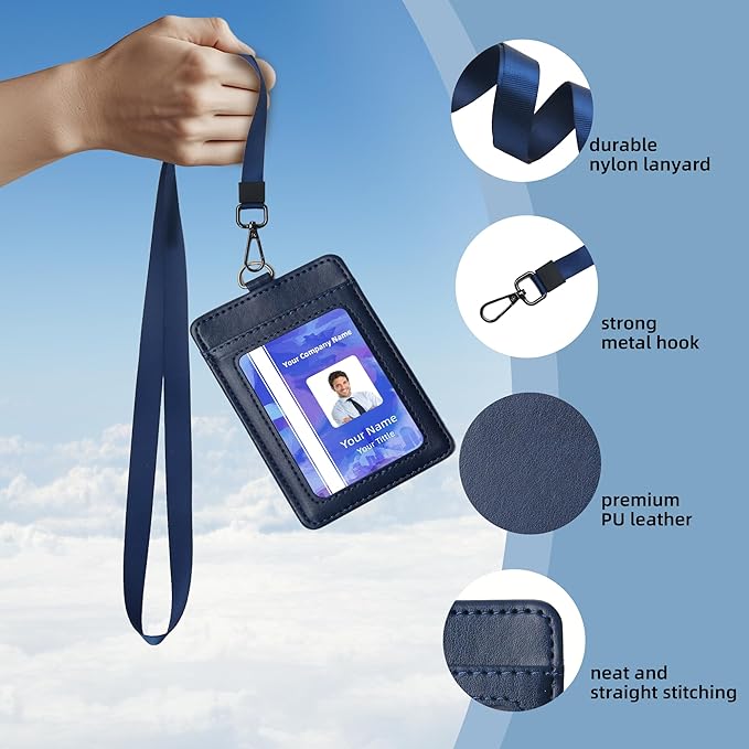Leather Badge Holder with Adjustable Lanyards,Swivel Metal Clasp for Offices, Staff, Students, Employees (Blue)