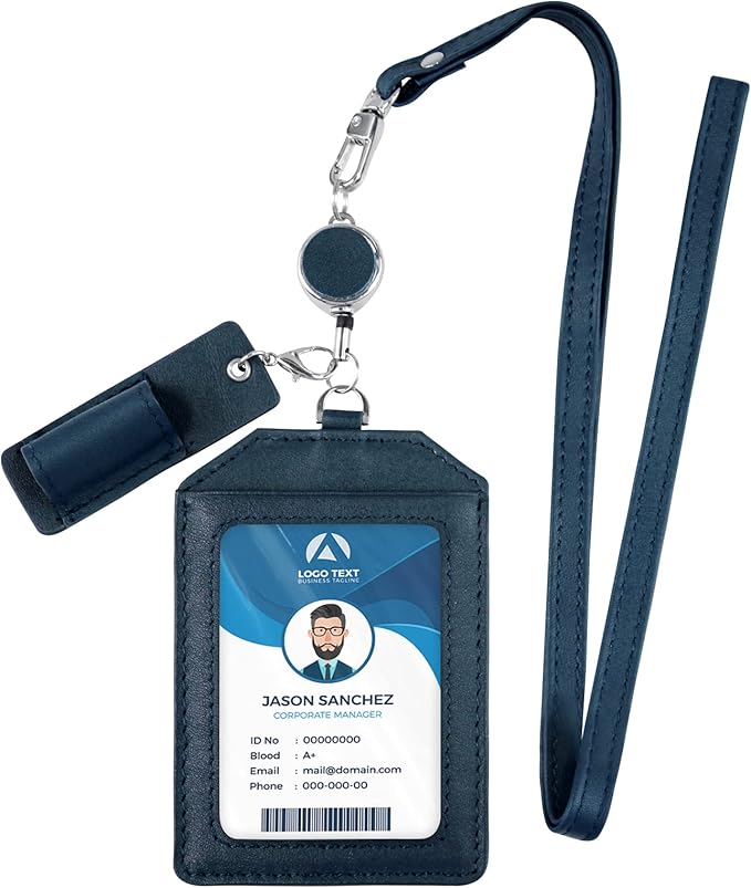 Office Badge Holder - Boshiho Genuine Leather Credit ID Card Holder with Stretch Neck Lanyard Vertical Style (Blue)