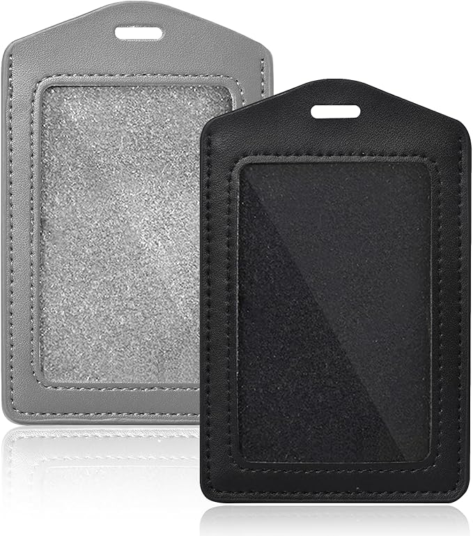 2 Pcs Genuine Leather ID Badge Holder Vertical Single-Side Clear Card Holder Waterproof Name Badge Holder for Office, Staff, Students, Employees (Black&Grey)