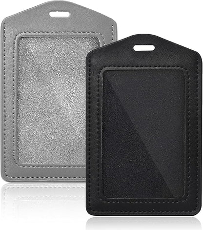 2 Pcs Genuine Leather ID Badge Holder Vertical Single-Side Clear Card Holder Waterproof Name Badge Holder for Office, Staff, Students, Employees (Black&Grey)