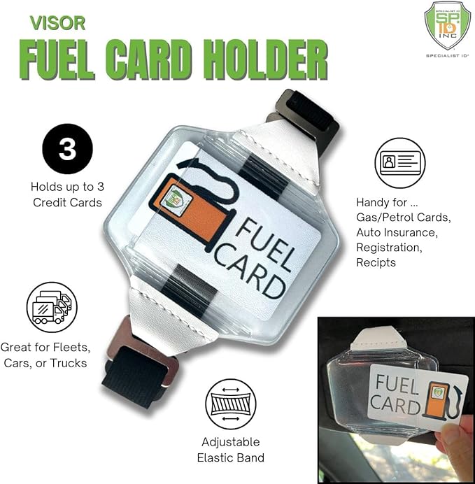 Heavy Duty Visor Fuel Card Holder with Clear Vinyl Pocket - Truck & Car Accessories for Interior - Drivers License, Auto Insurance Card & Fleet Vehicle Gas Log Storage by Specialist ID (Black)