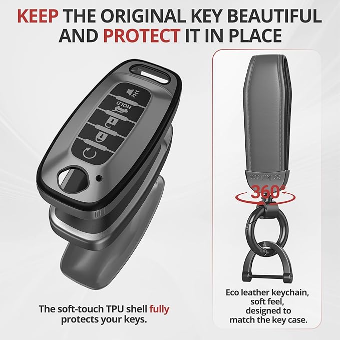 For Nissan Key Fob Cover Accessories- Matte TPU Key Fob Cover with Leather Keychain for 2023 2024 Rogue Pathfinder Versa 2025 Sentra Patrol Armada Smart and More (Matte Gray, 5 Buttons)