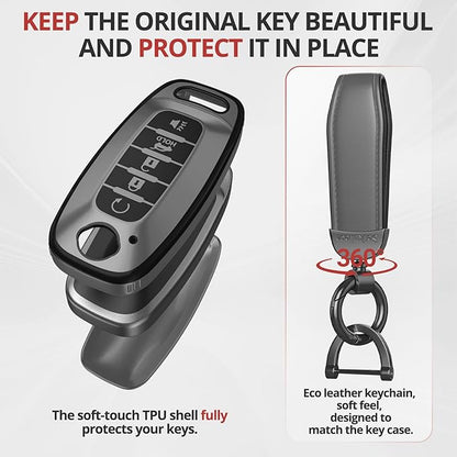 For Nissan Key Fob Cover Accessories- Matte TPU Key Fob Cover with Leather Keychain for 2023 2024 Rogue Pathfinder Versa 2025 Sentra Patrol Armada Smart and More (Matte Gray, 5 Buttons)
