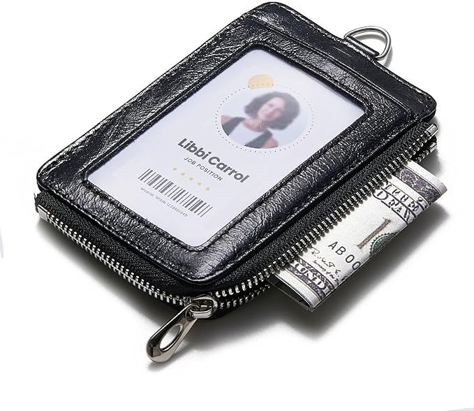 Badge Holder – Genuine Leather ID Badge Holder with Zipper Pocket and Nylon Lanyard – Perfect for Badges, Cards, and More