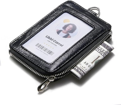 Badge Holder – Genuine Leather ID Badge Holder with Zipper Pocket and Nylon Lanyard – Perfect for Badges, Cards, and More