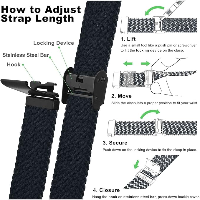 WOCCI 24mm Braided Nylon Watch Band for Men and Women, Quick Release, Black Stainless Steel Buckle (Black)