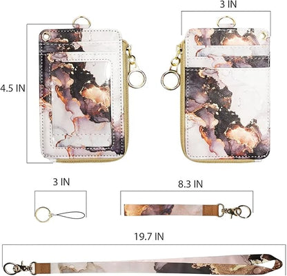 Marble ID Badge Holder with Lanyard,Card Name Tag Holders with Zipper,Vertical Lanyard Wallet for Work Office Nurse Doctor Medical Student Teacher Women Men