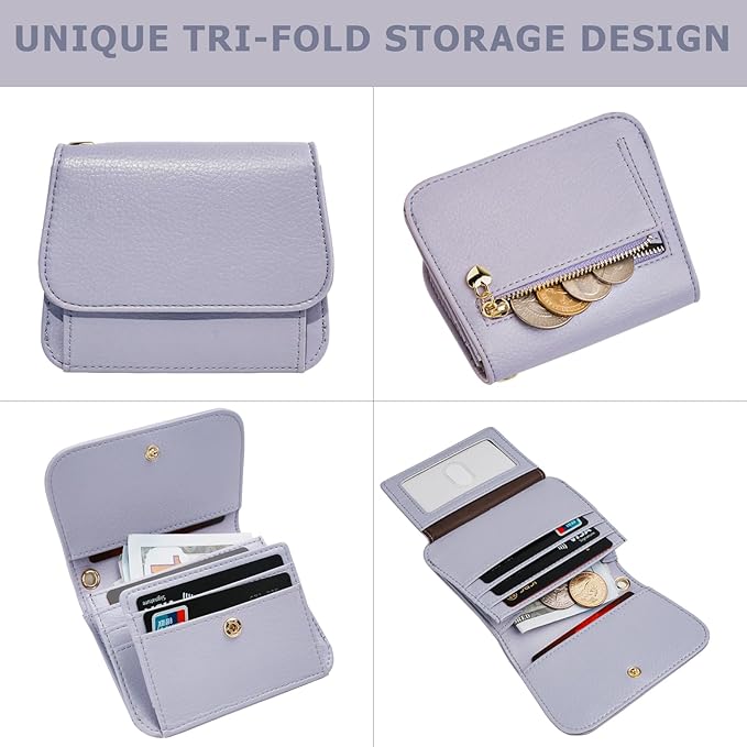 Women Small Wallet RFID Blocking Slim Wallet with Coin Pocket Tri-Fold Credit Card Holder with ID Window and Keychain (Purple)