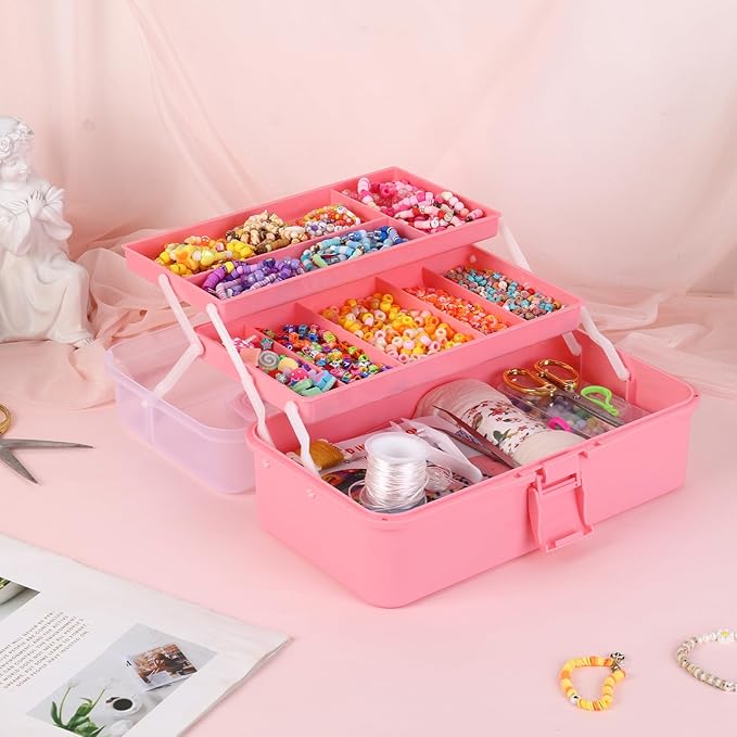 Pink Tackle Box, Craft Organizers and Storage 3-Layer Portable Folding Toolbox, Plastic Tool Box with Handle for Sewing Medicine Art Supplies, Nails and Hair Accessories 12.5inch