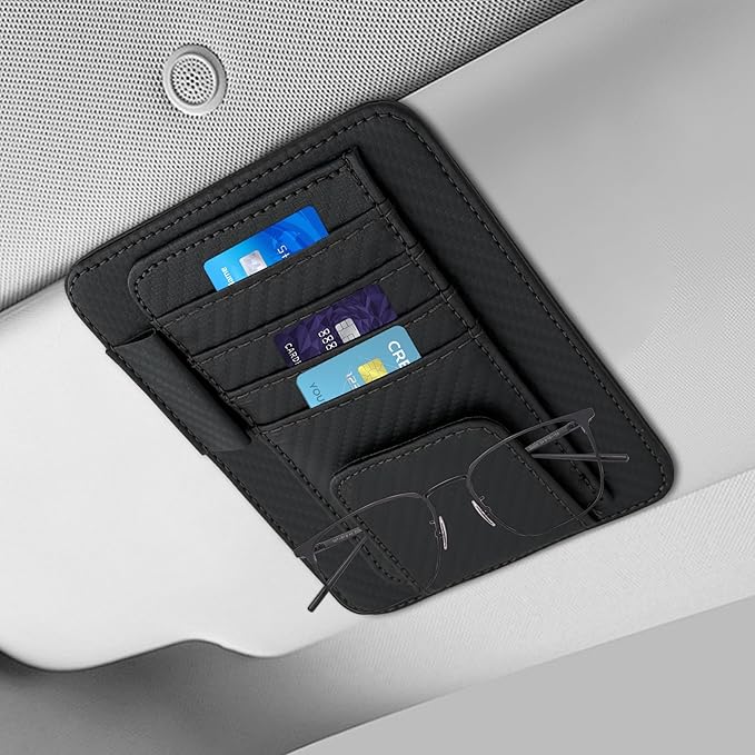 Small Leather Sun Visor Organizer, Visor Accessories, Multi-Pocket Sunvisor Storage with Sunglass Holder, Car Organizer for Drving License Card Pen Fits Most Vehicles (Carbon Fiber Black)