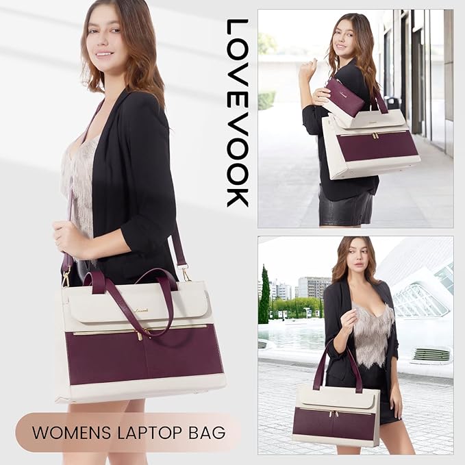 LOVEVOOK Laptop Bag Women 15.6 Inch Laptop Tote Professional Leather Computer Briefcase Waterproof Shoulder Bag Large Capacity Business Teacher Office Crossbody Purse