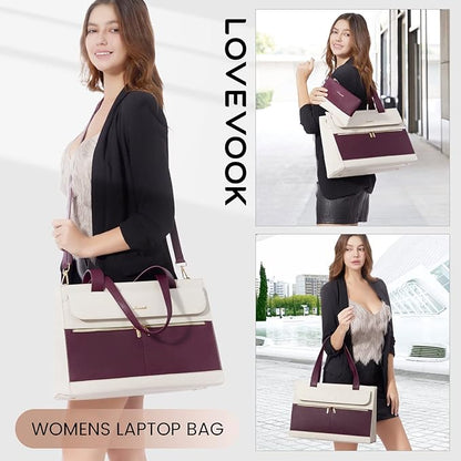 LOVEVOOK Laptop Bag Women 15.6 Inch Laptop Tote Professional Leather Computer Briefcase Waterproof Shoulder Bag Large Capacity Business Teacher Office Crossbody Purse