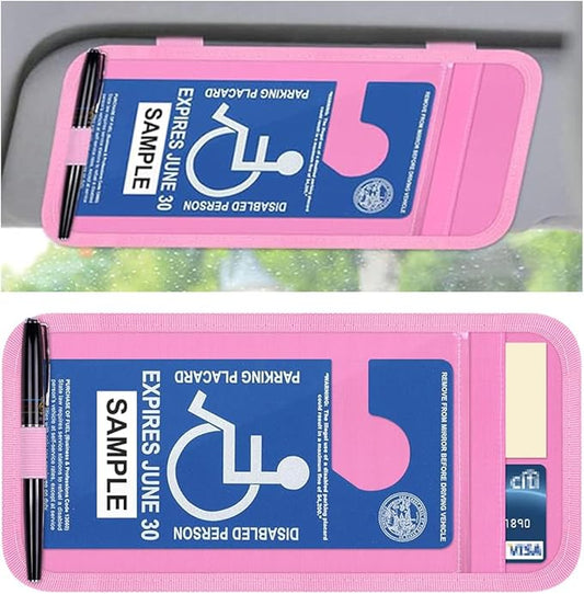 JOYCOURT Handicap Placard Holder for Car, Disabled Parking Permit Sign Protector, Car Interior Sun Visor Storage Clip with Pen Holder, Note Paper Slot, Elastic Strap (Pink)