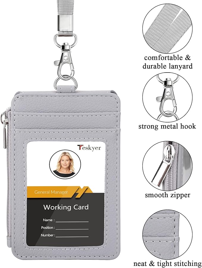 Teskyer Badge Holder with Side Zip Pocket, Multiple Card Slots Leather ID Holder Wallet with Neck Lanyard for Office Staffs, Teachers/Students, Workers, Cruise Cards, Bus/Metro Cards, Lichee Gray