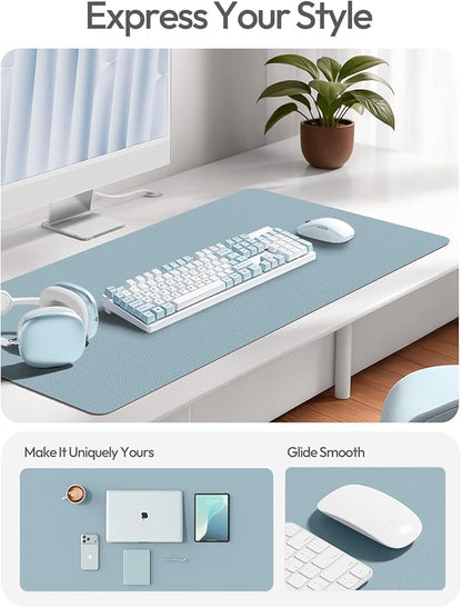 YSAGi Leather Desk Protector, Office Mat, Large Mouse Mat, Non-Slip PU Leather Blotter, Laptop Desk Pad, Waterproof Writing Pad for Office and Home (Ice Blue, 31.5" x 15.8")