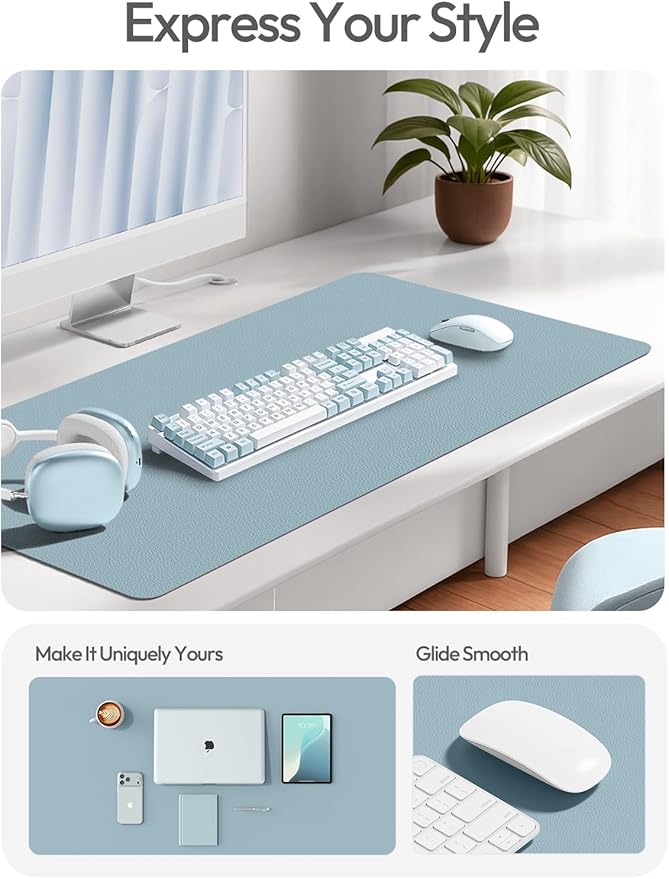 YSAGi Leather Desk Protector, Office Mat, Large Mouse Mat, Non-Slip PU Leather Blotter, Laptop Pad, Waterproof Writing Pad for Office and Home (Ice Blue, 47" x 17")