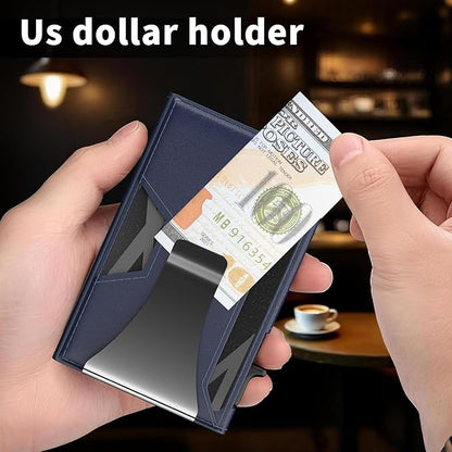Wallet for Men Slim Minimalist Pop-up Smart Holds 5-6 Cards - RFID Blocking Metal with Money Clip, Credit Card Holder & ID Window, men accessories(3.94x2.56x0.59in) (Blue)
