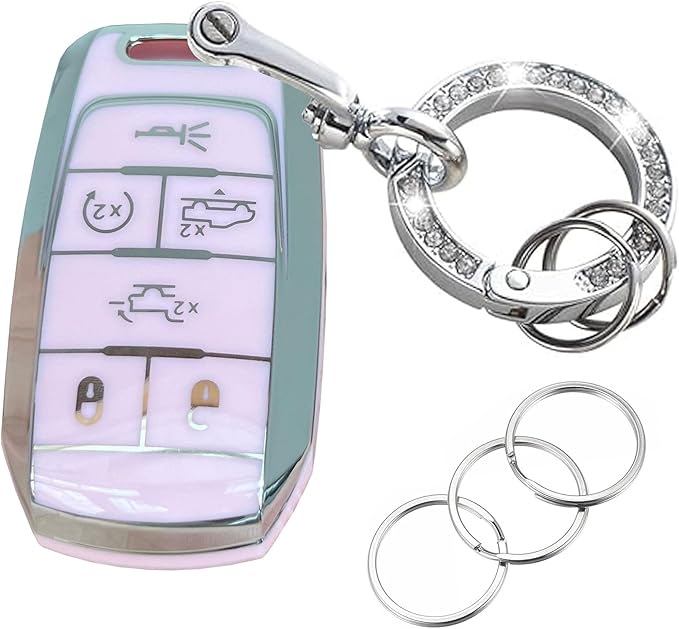 Key Protective Shell for RAM Key Fob Cover with Keychain Fit for RAM 1500 2500 3500 Smart Key Case Accessories (6-Button-Pink-Silver)