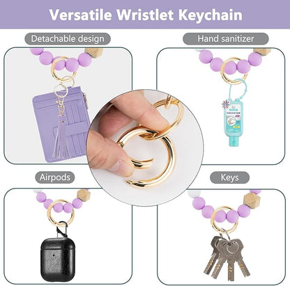 KNGITRYI Wallet Keychain Wristlet for Women,Slim RFID Credit Card Holder Purse Tassel Keychain Bangle Key Ring for Men Women