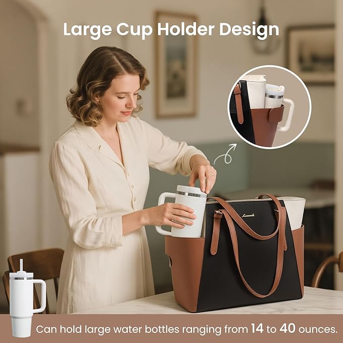 LOVEVOOK Laptop Tote Bag for Women With Large Cup Holder, Leather Work Tote Bag for Women,17.3 Inch Professional Computer Briefcase Business Teacher Commuter Shoulder Bag,Office Travel Gift