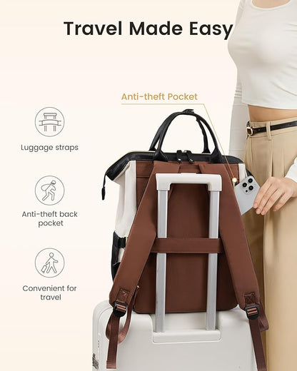 LOVEVOOK Laptop Backpack for Women with Giant Tumbler Holder,17 inch Professional Nurse Teacher Backpack Computer Laptop Bag,Cute Waterproof Travel Backpack Purse Work College Bag, Beige-Black-Brown