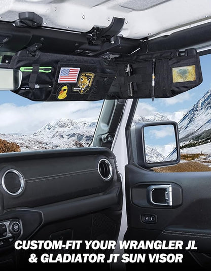JOYTUTUS Sun Visor Organizer Compatible with 2018-2026 Wrangler JL & Gladiator JT Passenger's Side, Front Tactical Visor Storage Cover Molle Webbing Visor Storage Holder Pouch, Multi-Pocket Net Zipper