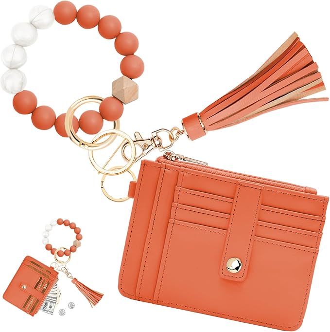 KNGITRYI Wallet Keychain Wristlet for Women,Slim RFID Credit Card Holder Purse Tassel Keychain Bangle Key Ring for Men Women
