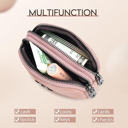imeetu Women Leather Coin Purse, Small 2 Zippered Change Pouch Wallet