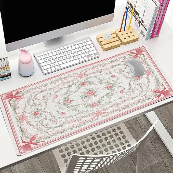 Vintage Floral Desk Mat for Women, Large PU Leather Desk Pad with Non-Slip Base, Elegant Office Keyboard Cover an Elegant and Thoughtful Gift for Women（27.56 * 13.78in）