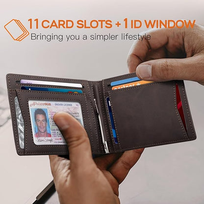 RUNBOX Slim Wallet for Men Genuine Leather RFID Blocking Bifold Minimalist Front Pocket Mens Wallet with Money Clip Thin Gift Box