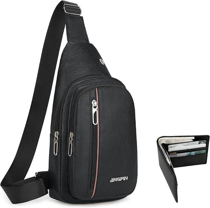 Sling Bag Set, PU Leather Sling Bag, Multi-Zipper Design for Travel, Outdoors, Valentine’s Day Gifts
