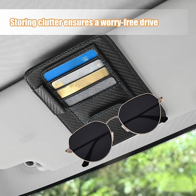 Car Sun Visor Organizer, PU Leather Vehicle Visor Document Storage Pocket for Sunglass Card Pen, Multifunctional Automotive Interior Holder Accessories, Universal Fit (Carbon Black)