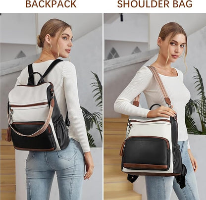 BOSTANTEN Leather Laptop Backpack for Women Designer Travel Backpack with Laptop Compartment Ladies Computer Shoulder Bags Black＆Beige＆Brown