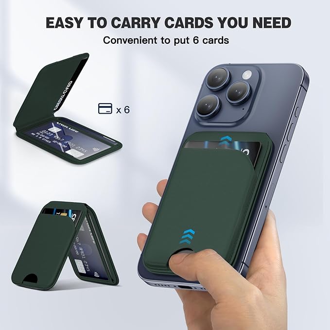 QYQBOON Mag-Safe Wallet Strongest Magnetic Lightweight Phone Wallet Stand Adjustable Leather Card Holder for iPhone 17/16/15/14/13/12 Series, Not for iPhone 13/12 Mini (Green)