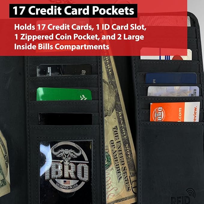 IBRO VINTAGE Motorcycle Chain Wallet for Men – Premium Cowhide Leather, RFID Tri-Fold Biker Wallet with Heavy Duty Chain for Bikers Truckers & Hunters, Credit Card Money Organizer Long Wallet | Long Trifold, RFID Blocking, Men's, Trucker Biker
