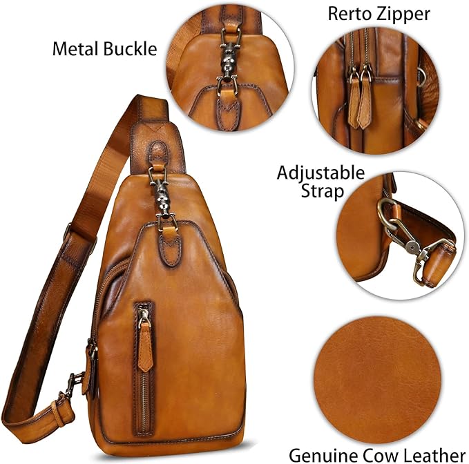 LRTO Genuine Leather Sling Bag for Men and Women Real Leather Shoulder Crossbody Bag Chest Bag Sling Backpack Purse