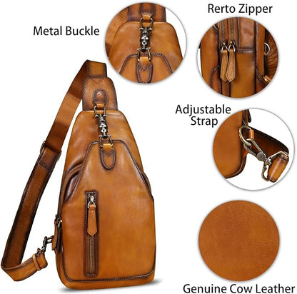 LRTO Genuine Leather Sling Bag for Men and Women Real Leather Shoulder Crossbody Bag Chest Bag Sling Backpack Purse
